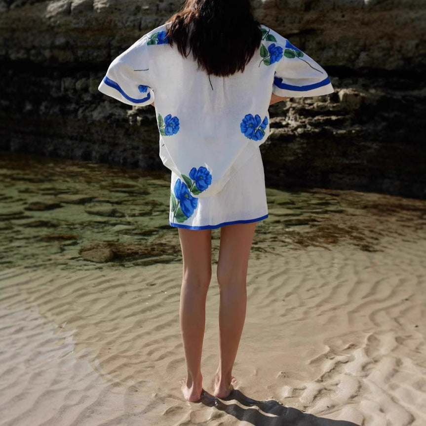 Women's Summer Positioning Printed Linen Short-sleeved Shirt Fashion Casual Suit