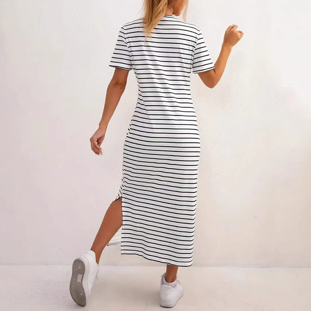 Women's Black White Striped Round Neck Sleeve Floral Print Slit Dress