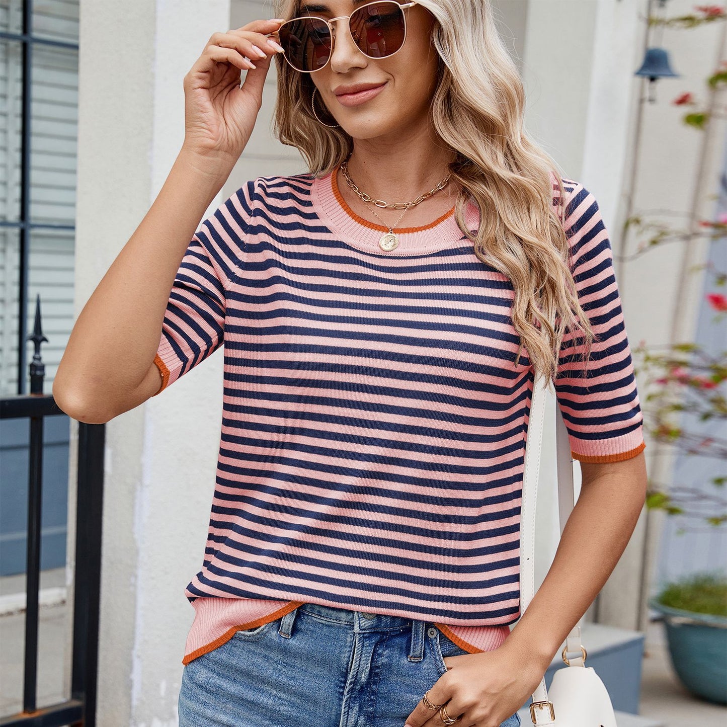 Women's Summer Stripe Knitted T-shirt Sleeve Ice Sweater
