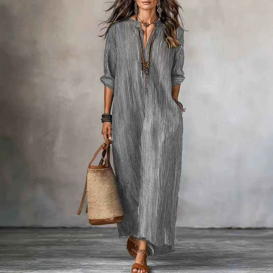 Women's Summer Fashion Sleeve Striped Design Solid Color Dress