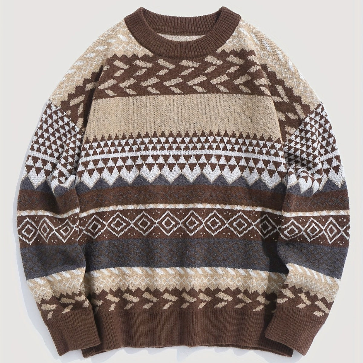 Women's Soft Glutinous Vintage Pullover Round Neck Long Sleeves Contrast Sweater