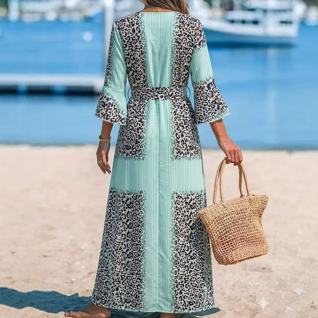 Print Striped Patchwork Wrap Bell Sleeve Temperament Dress