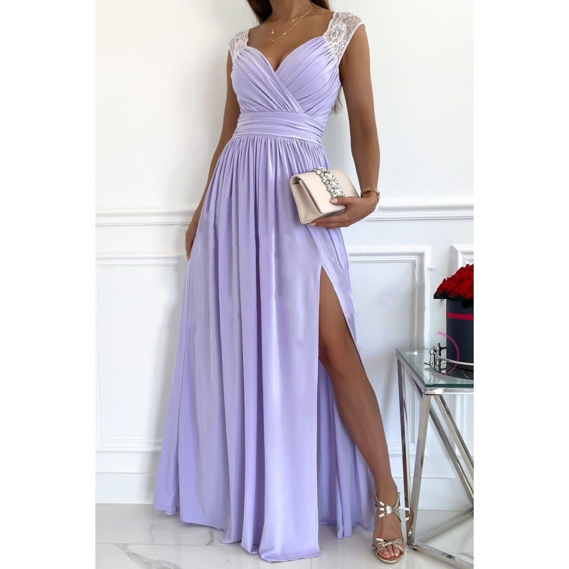 Women's Sleeveless Lace Backless Slit Hemline At Dress