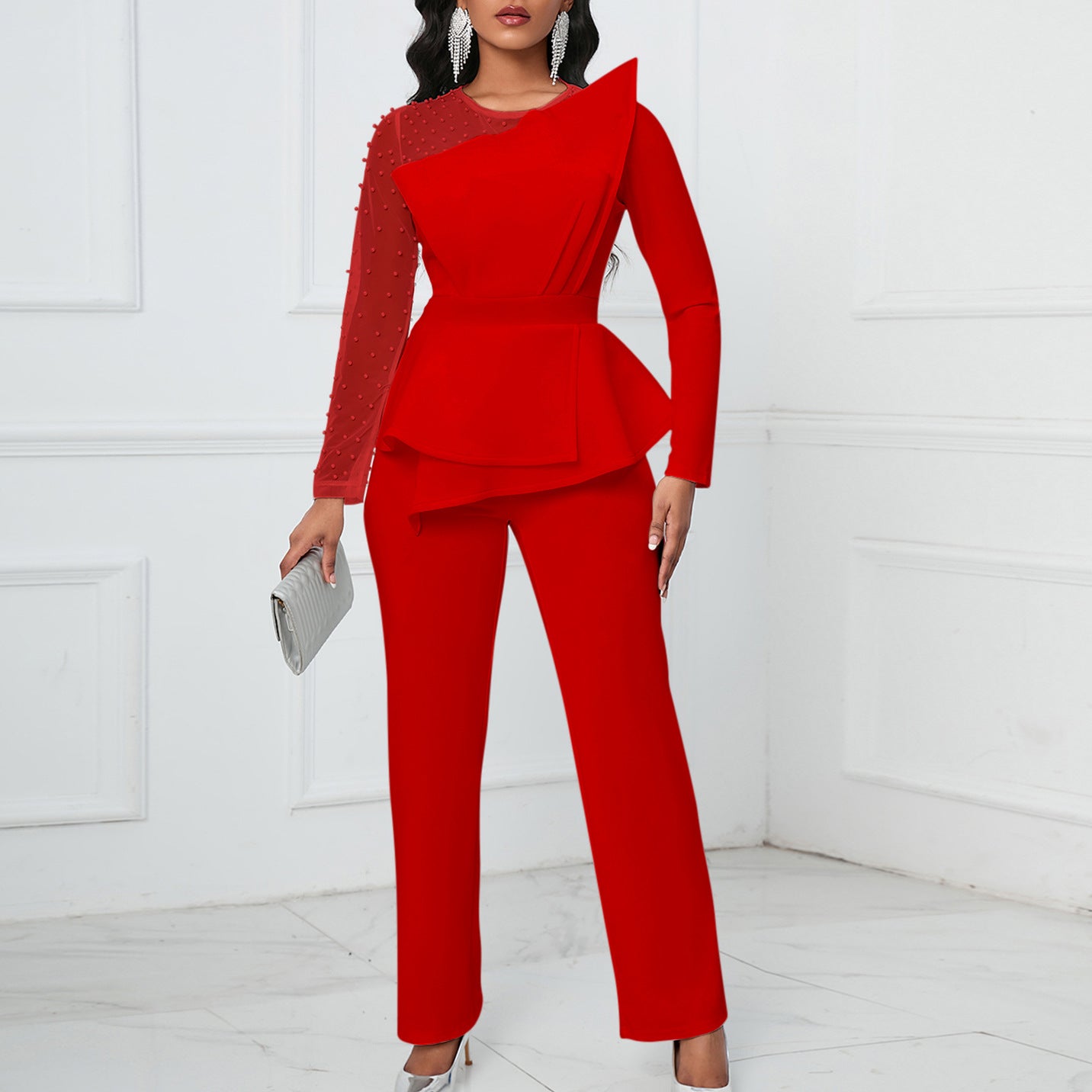 Long Sleeve Temperament Mesh Splicing Beads Jumpsuits
