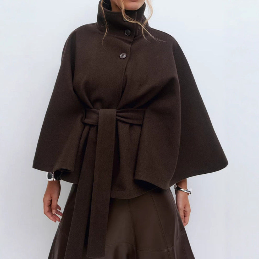 Women's Solid Color Cloak Stand Collar Button Coats