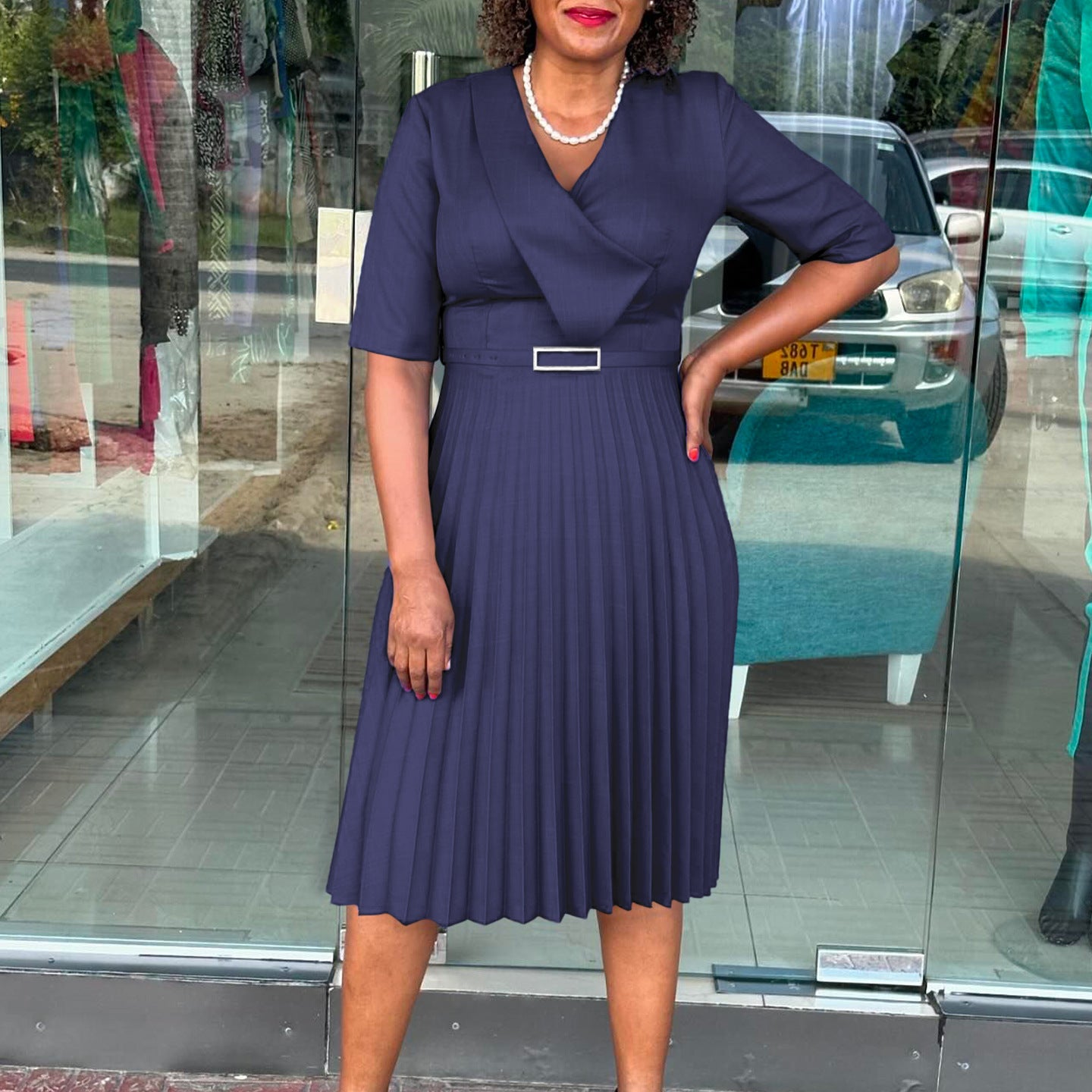 Women's Fashion Solid Color Elegant Pleated African Dresses