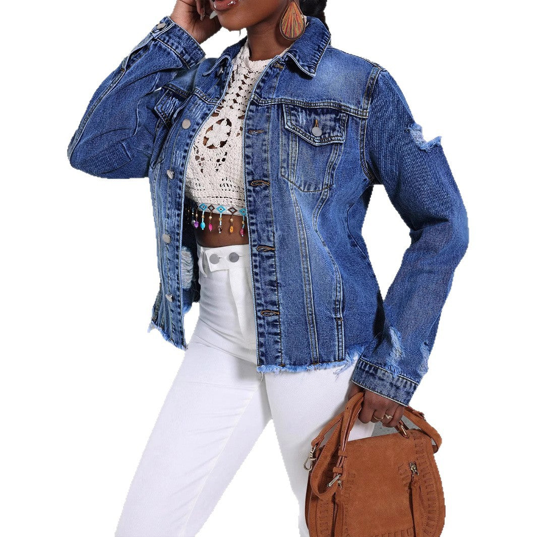 Women's Denim With Fashion Ripped Fur Edge Jackets