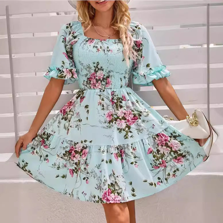 Printed Floral Square Collar Pleated Sleeves Shorts