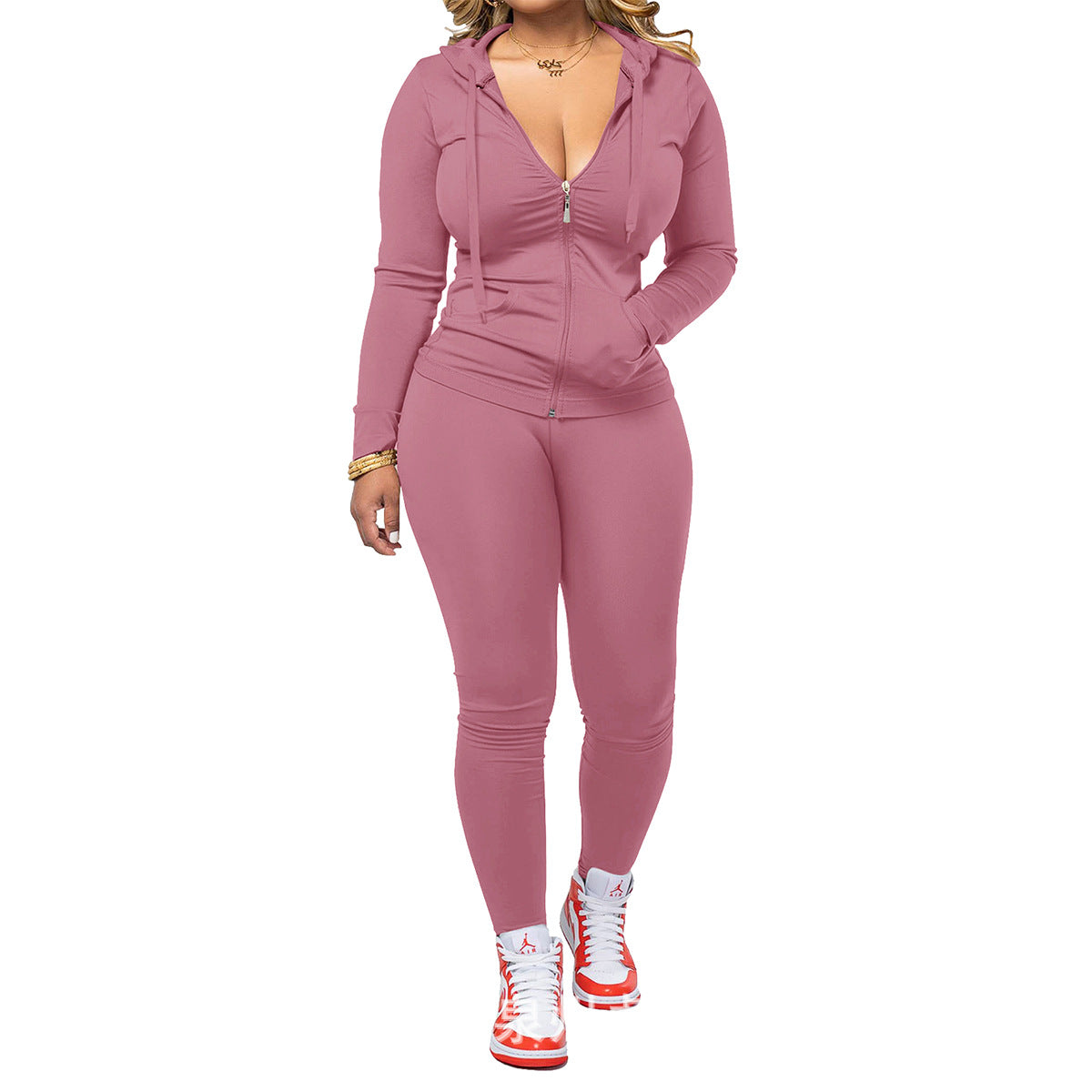 Women's Neck Zipper With Trousers Two-piece Set Fashion Casual Suit