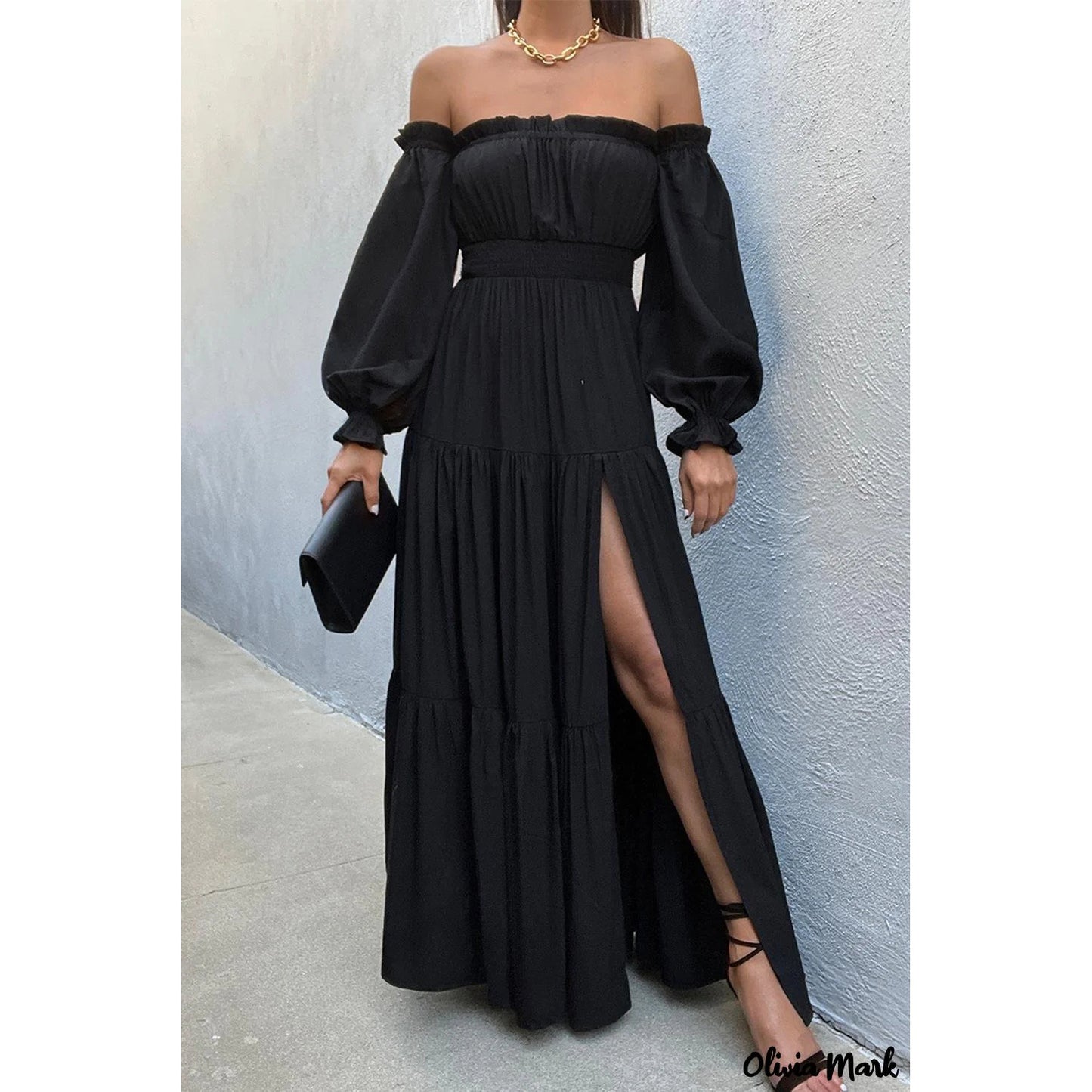 Ruffled Long Sleeve High Slit Dress Dresses