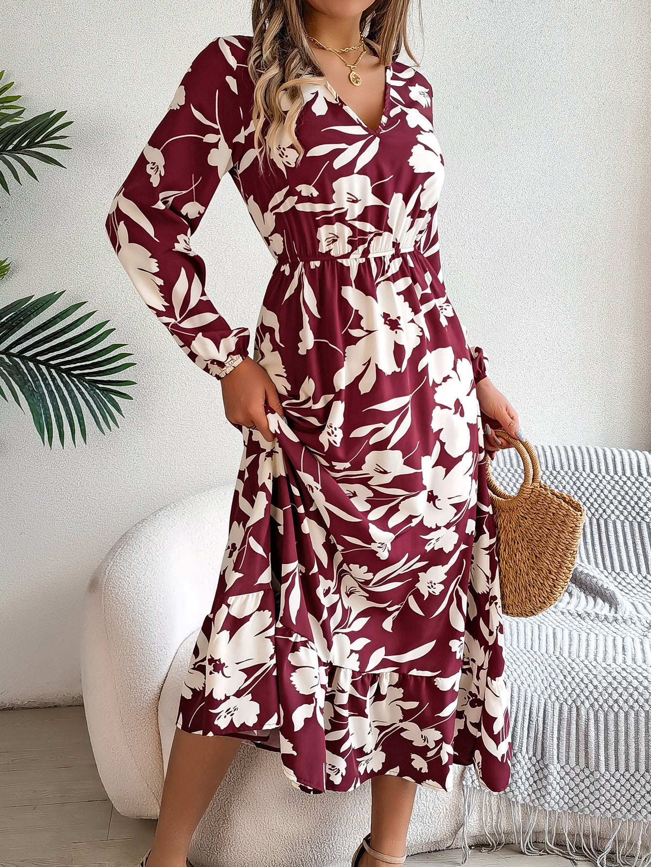 Women's Casual Flower Long Sleeves Ruffles Dress Dresses
