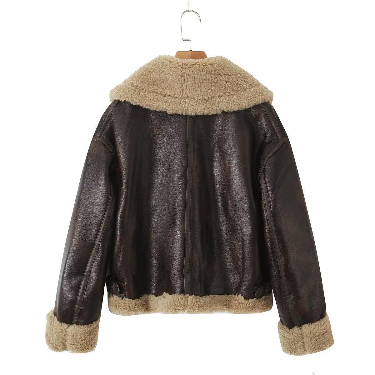 Women's Autumn Fur Collar Thickened Integrated Leather Clothing