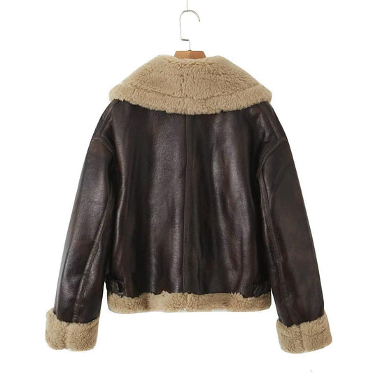 Women's Autumn Fur Collar Thickened Integrated Leather Clothing
