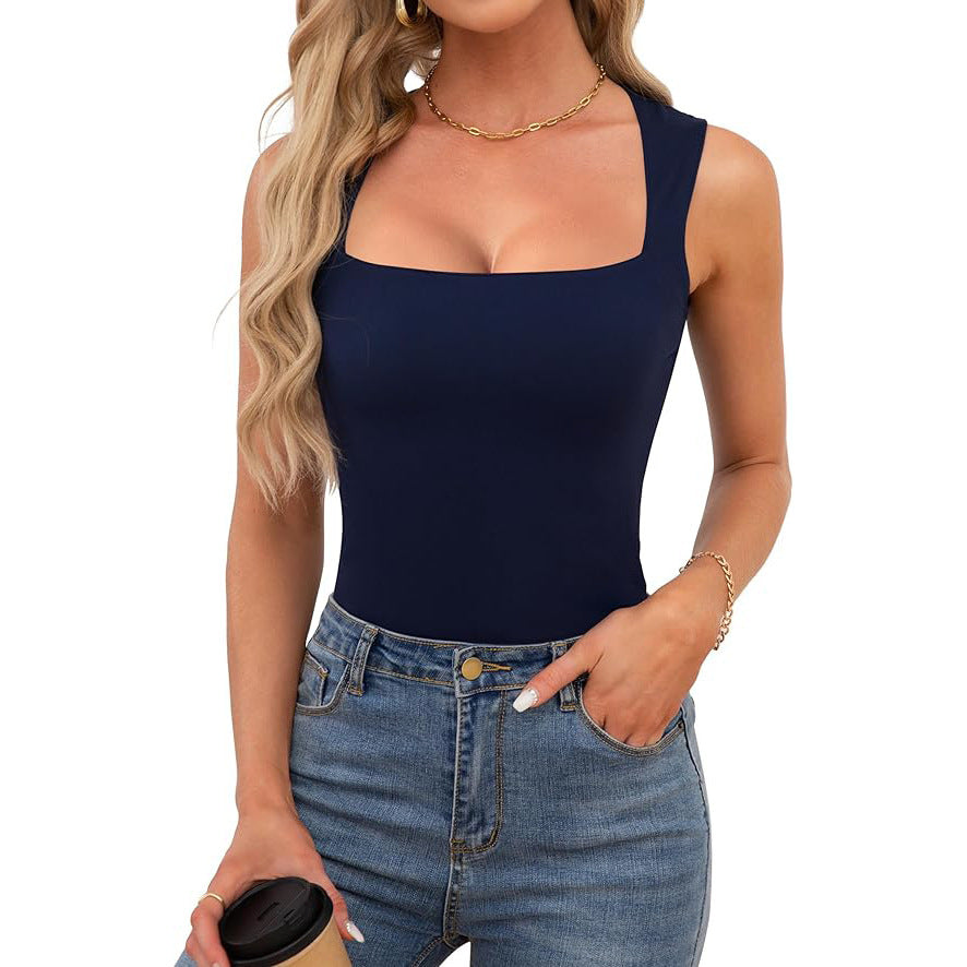 Women's Square Collar Sleeveless Double Layer Basic Blouses
