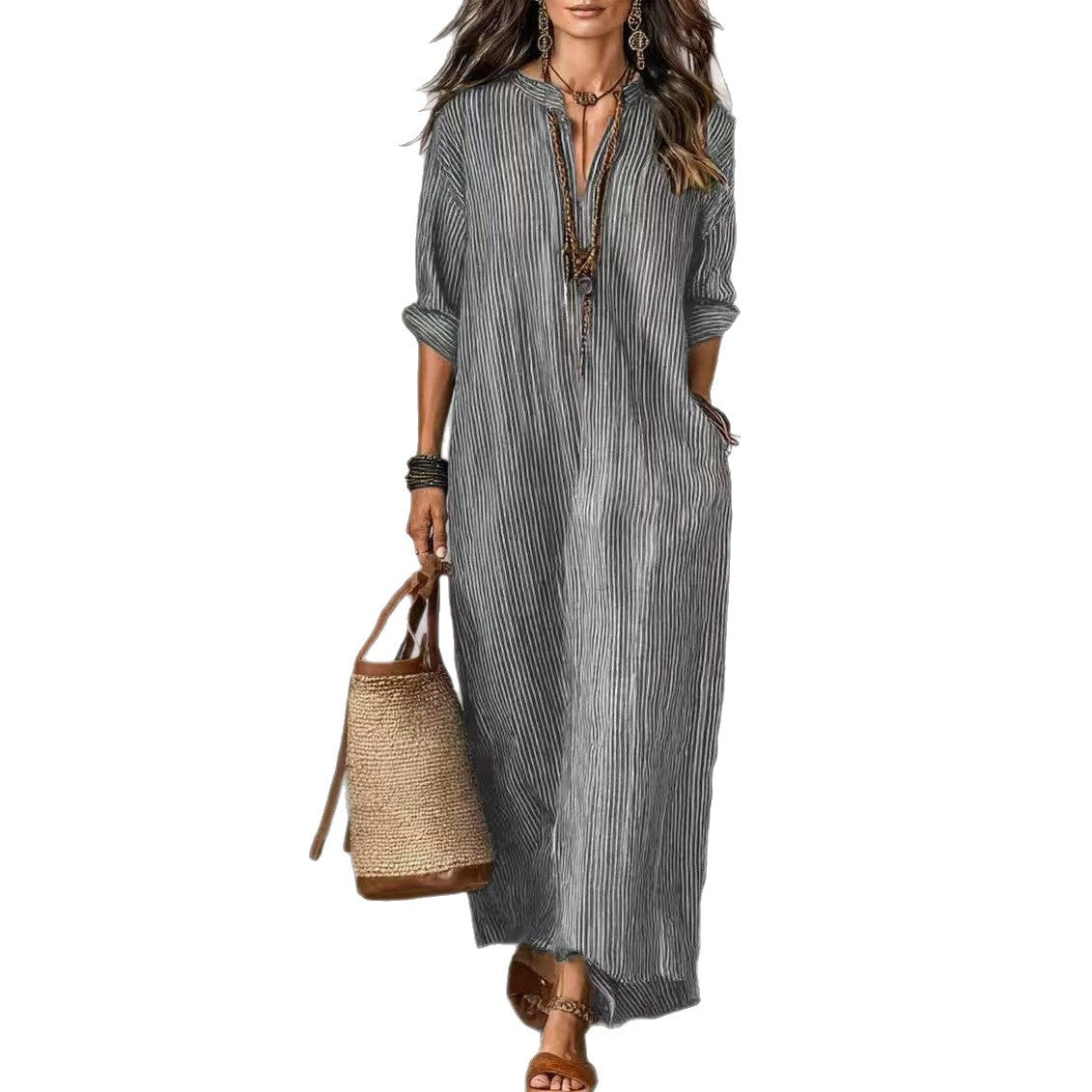 Women's Summer Fashion Sleeve Striped Design Solid Color Dress