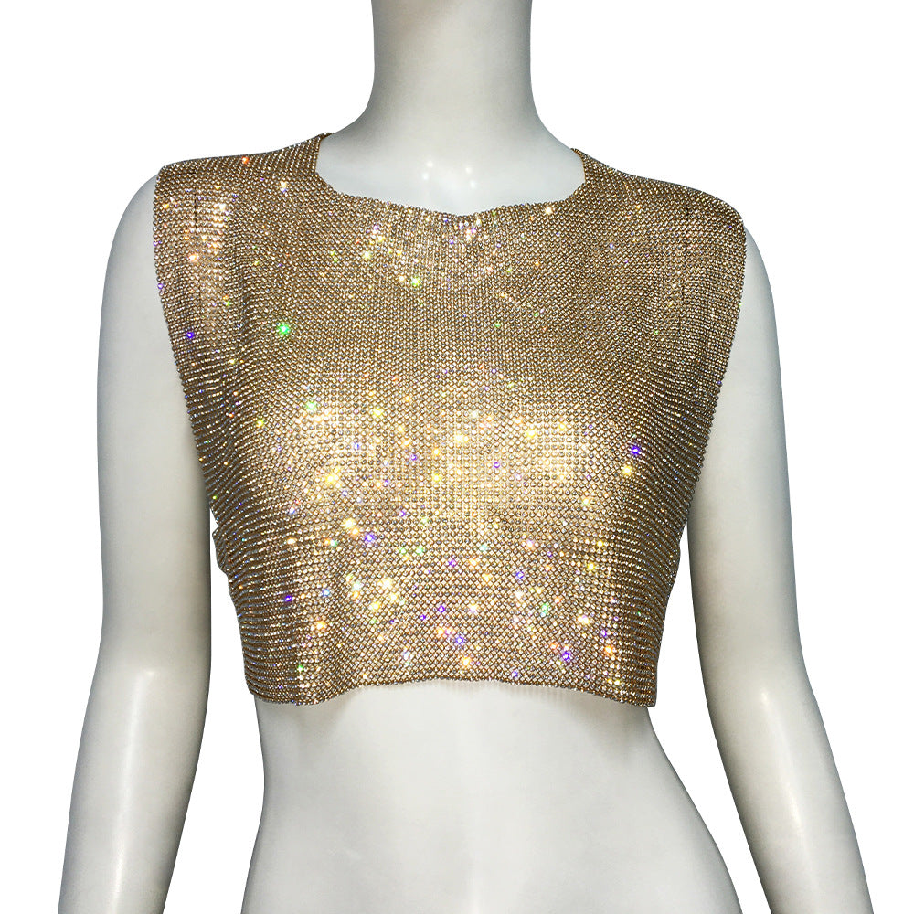 Women's Wear Sleeveless T-shirt Metal Personality Rhinestone Backless Blouses
