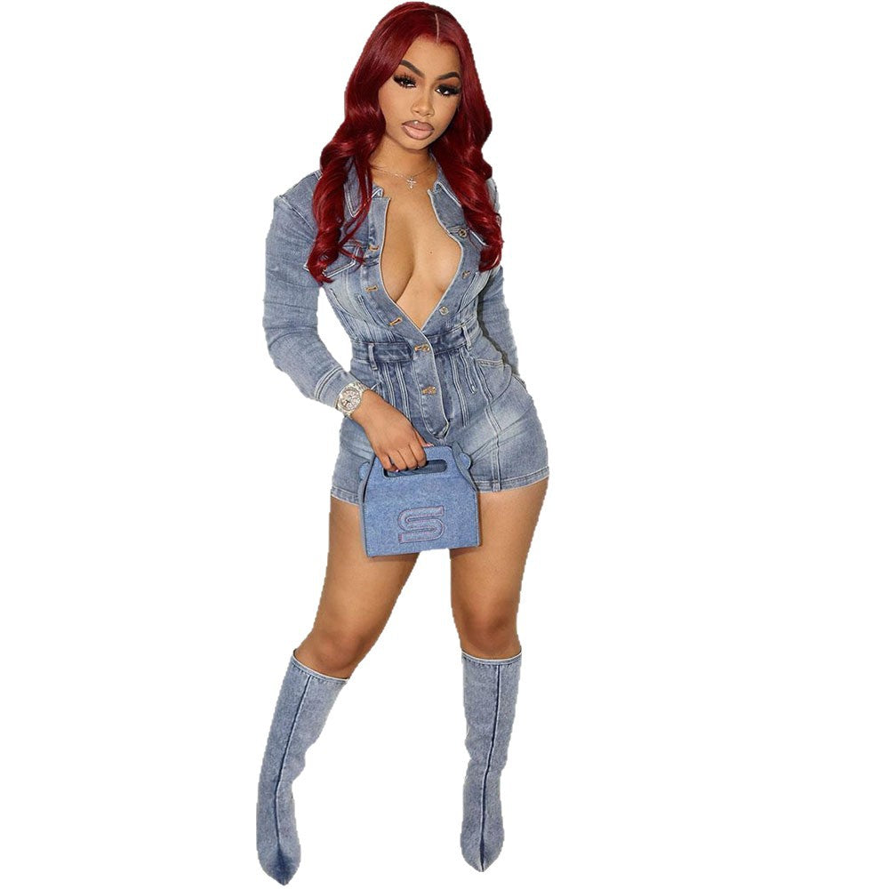 Women's Graceful Denim Fashion Wash Stretch Jumpsuits