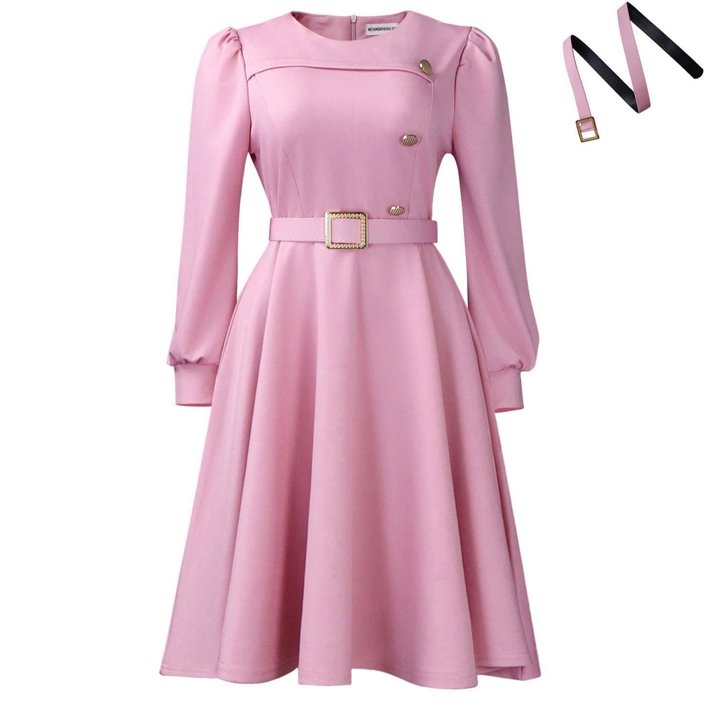 Neck Long Sleeve High Waist A- Line Elegant Party Solid Dress