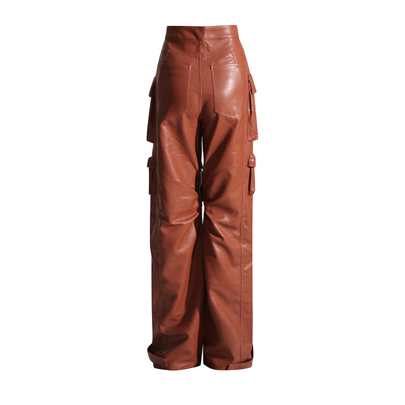 Women's Autumn Personality Stitching Loose Leather Casual Pants