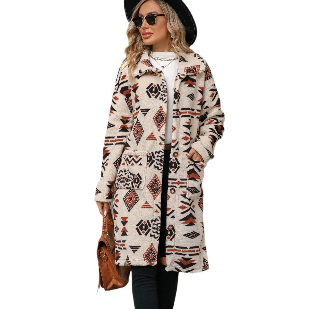Women's Single-breasted Ethnic Print Plush Long Overcoat Coats