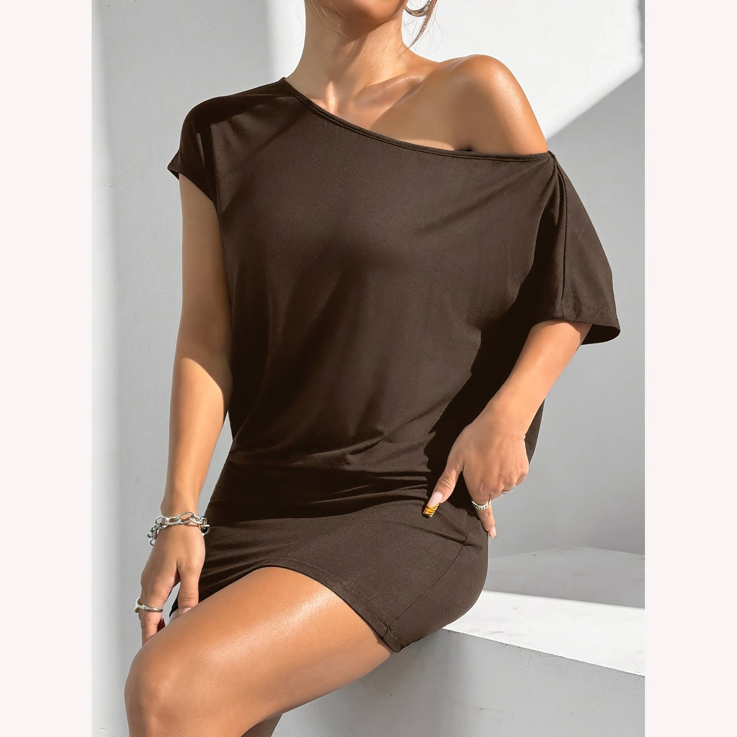 Women's Summer Solid Color Asymmetric Collar Short-sleeved Casual T-shirt Slim Slimming Dress