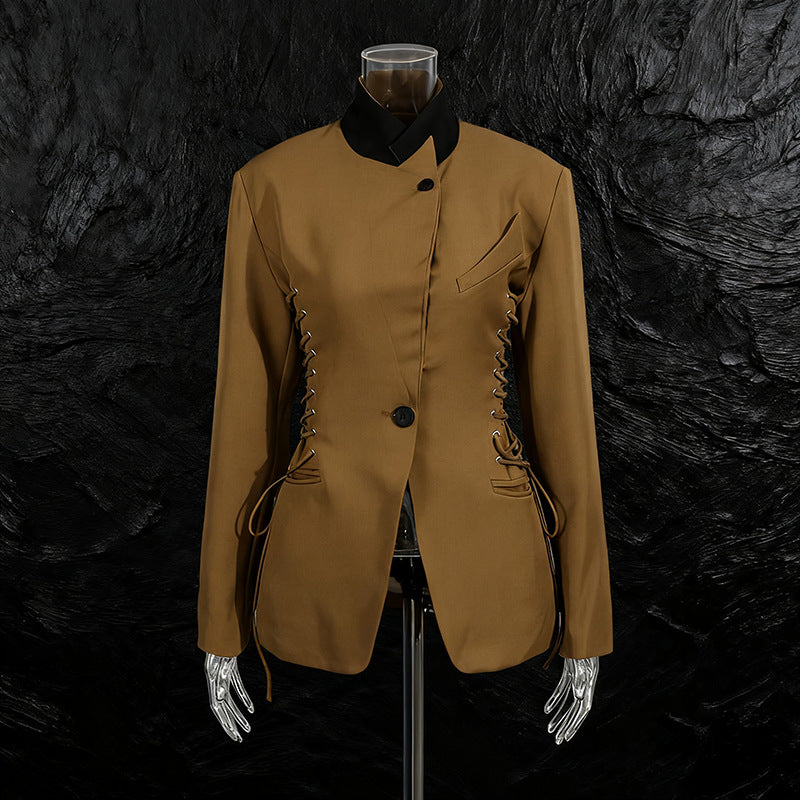 Women's Stand Collar Small Autumn Fashion Tie Waist Slimming Solid Blazers