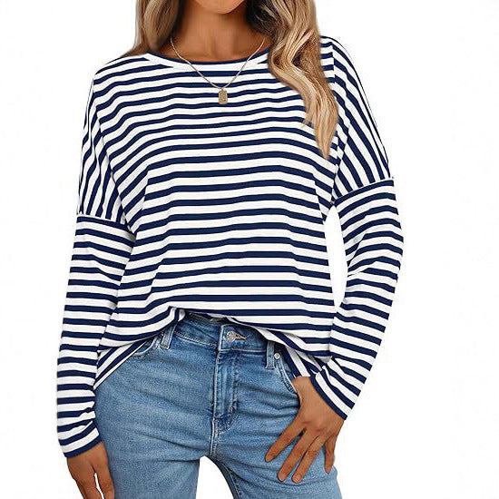 Women's Autumn Long Sleeve Retro Pullover Round Neck T-shirt Striped Women's Sweater