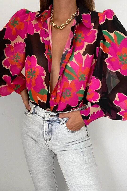 Women's Sleeve Printed Shirt Spring Single-breasted Temperament Cardigans