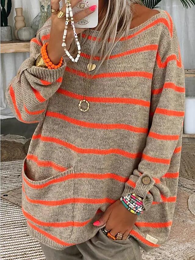 Women's Contrast Color Striped Pullover Round Neck Sweaters