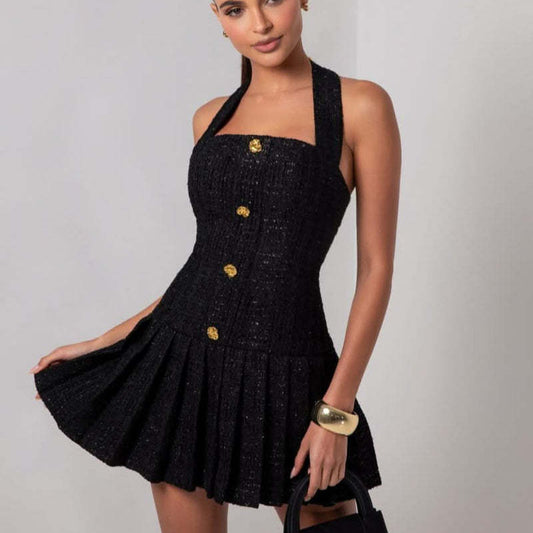 Women's Adjustable Golden Retaining Ring Halter Woven Dresses