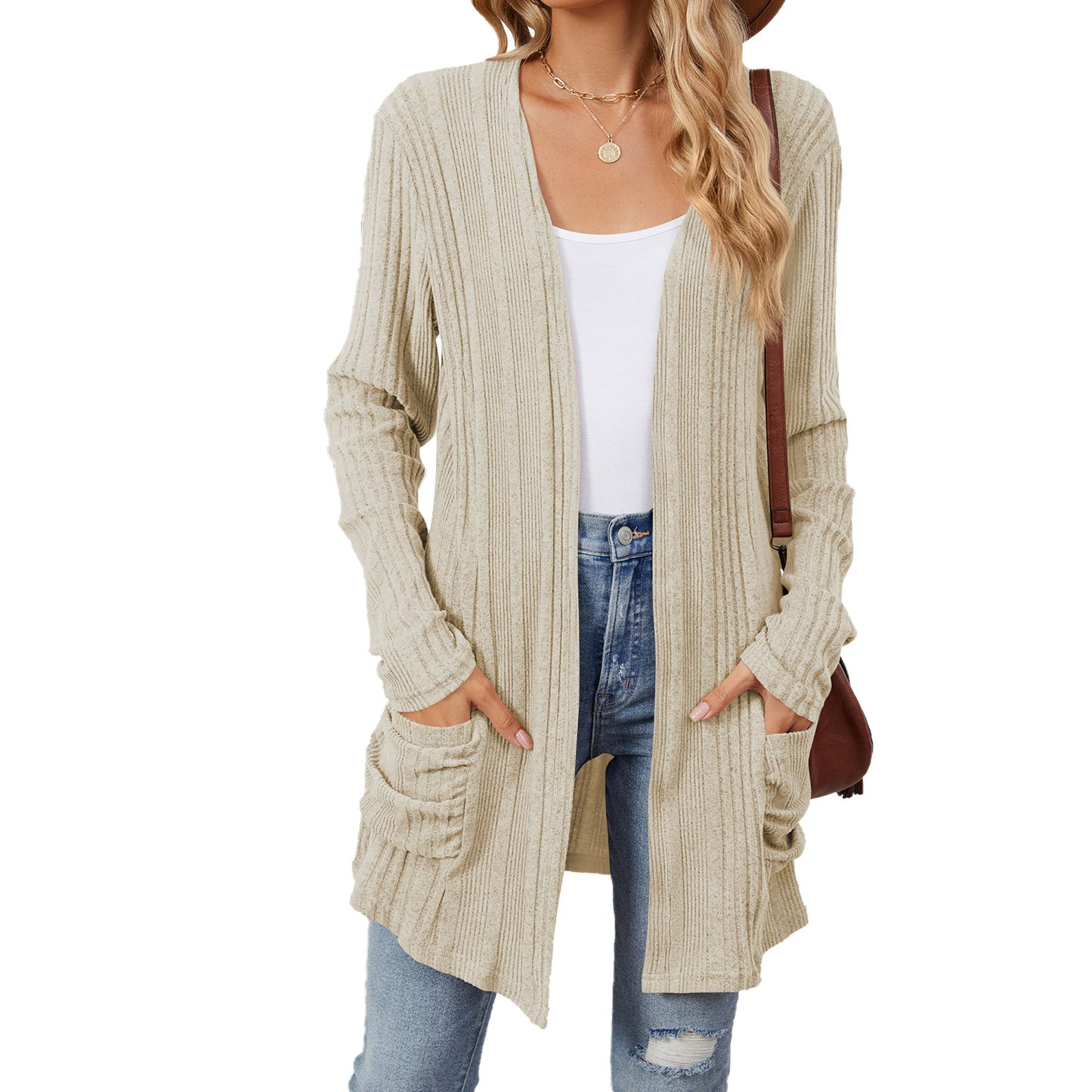 Women's Color Rib Fabric Brushed Pocket Long Cardigans