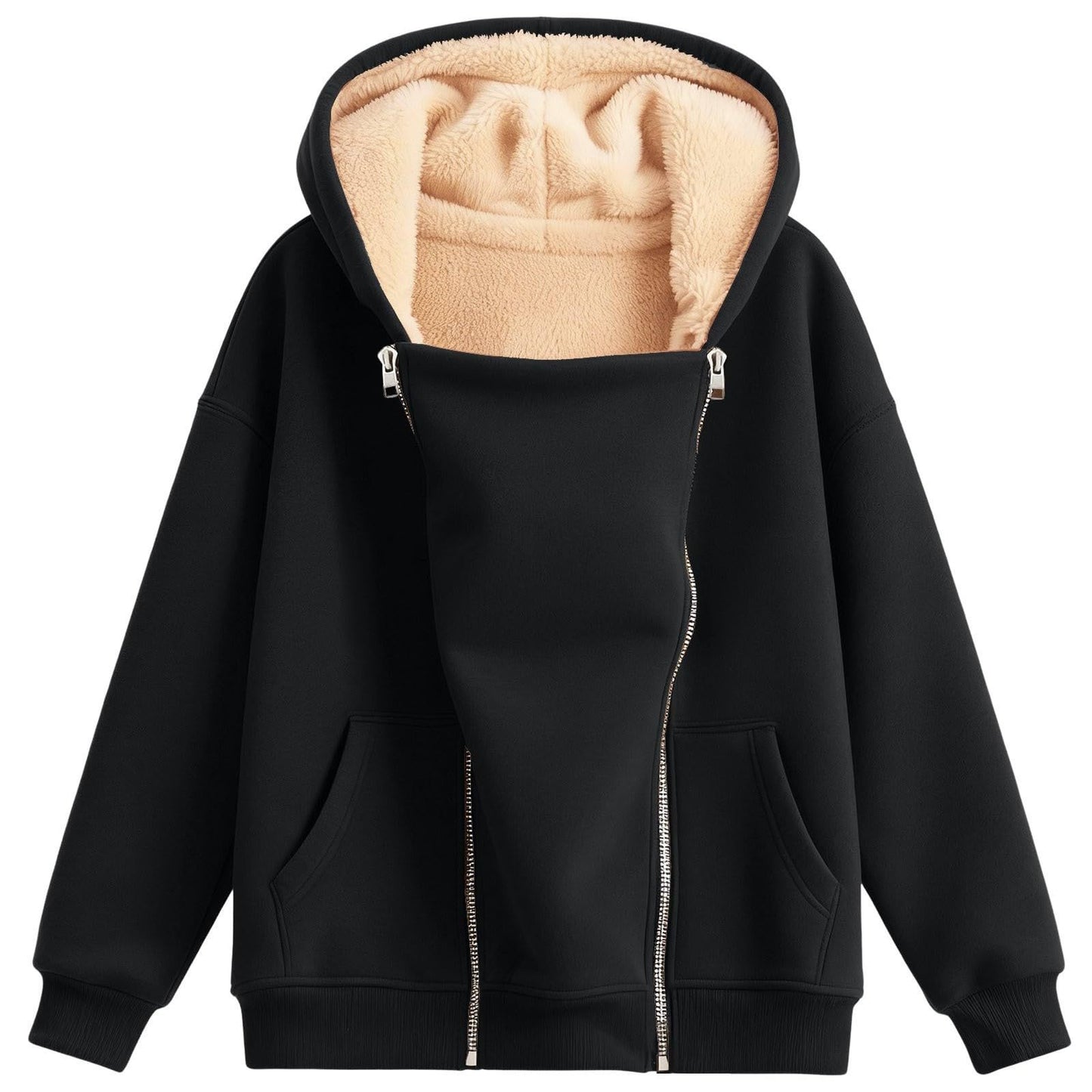 Women's Loose-fitting Hoodie Long Sleeve Zipper Pure Color Women's Sweater, Sweater