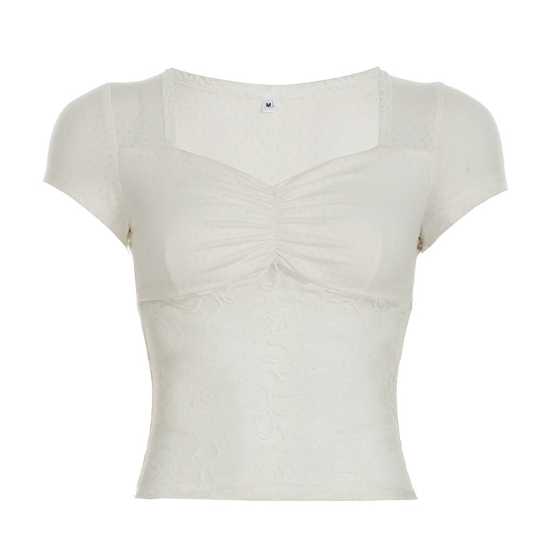 Style Hollow Texture Lace Stitching Peach Collar Pure Want Tops