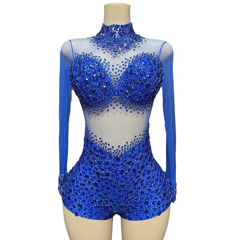 Tulle Fabric Blue Diamond Embellishment Slim Jumpsuits