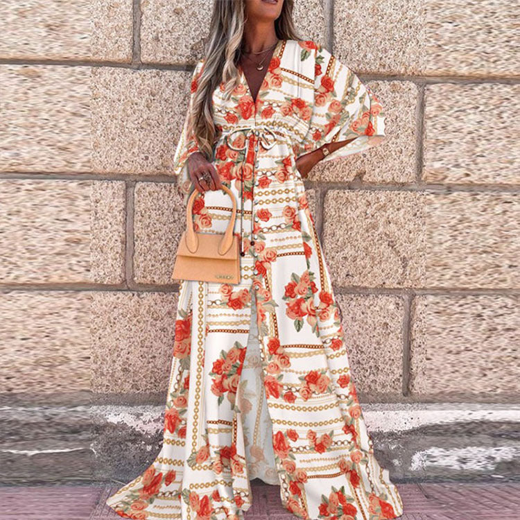 Women's Printed Long Bohemian Sexy Style Single-breasted Beach Dress