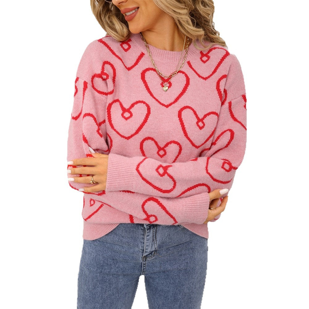 Women's Round Neck Love Contrast Color Loose Pullover Sweater