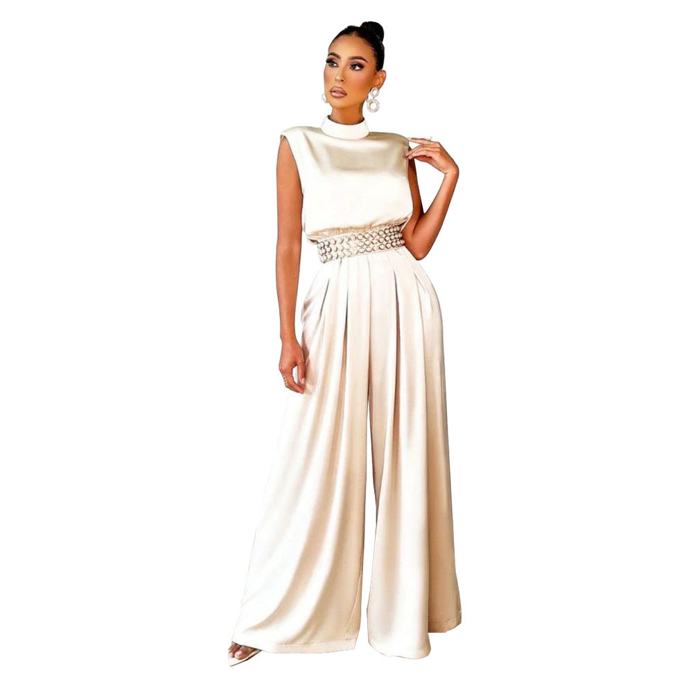 Women's Fashionable Wide Leg Solid Color Turtleneck Jumpsuits