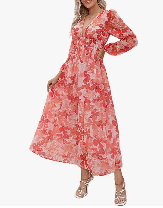 Women's Style Deep V Printed High Waist Casual Long Dresses