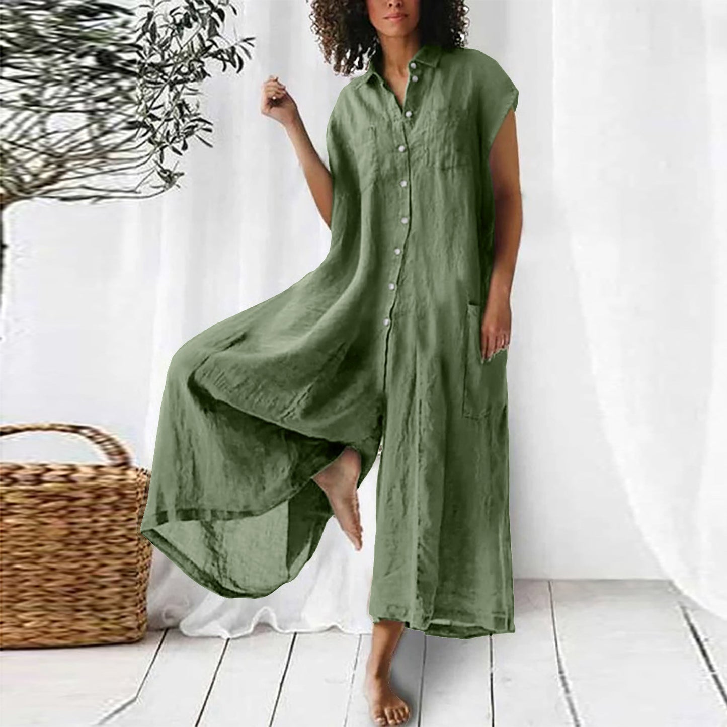Women's Solid Color Casual Short-sleeved Mid-length Cotton Jumpsuits