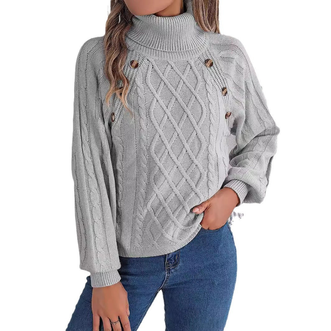 Women's Leisure Solid Color Buttons Turtleneck Lantern Sleeve Sweater