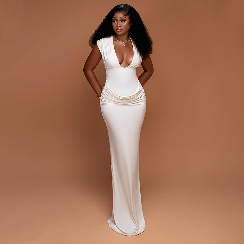 Women's Sexy Deep Sleeveless Slim Fit Pleated Waist Tight Hot Sheath Dress