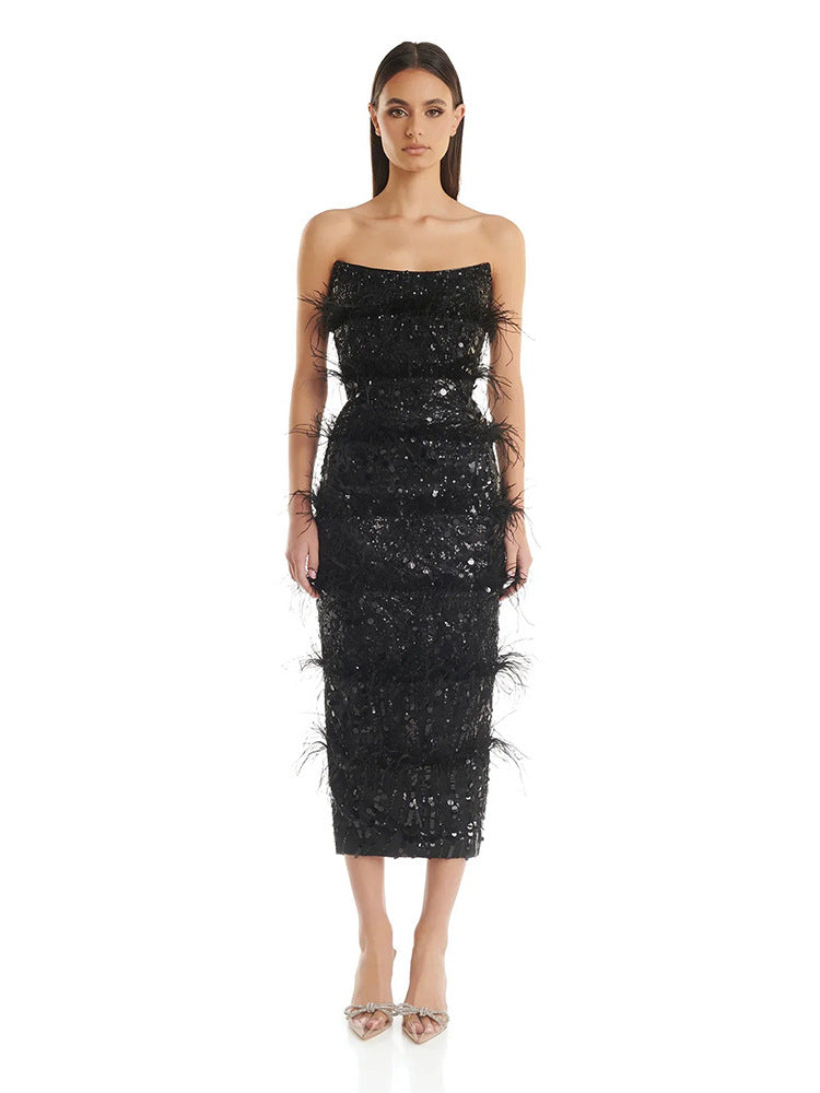 Women's Sexy Ostrich Feather Tube Dress Slim Dresses
