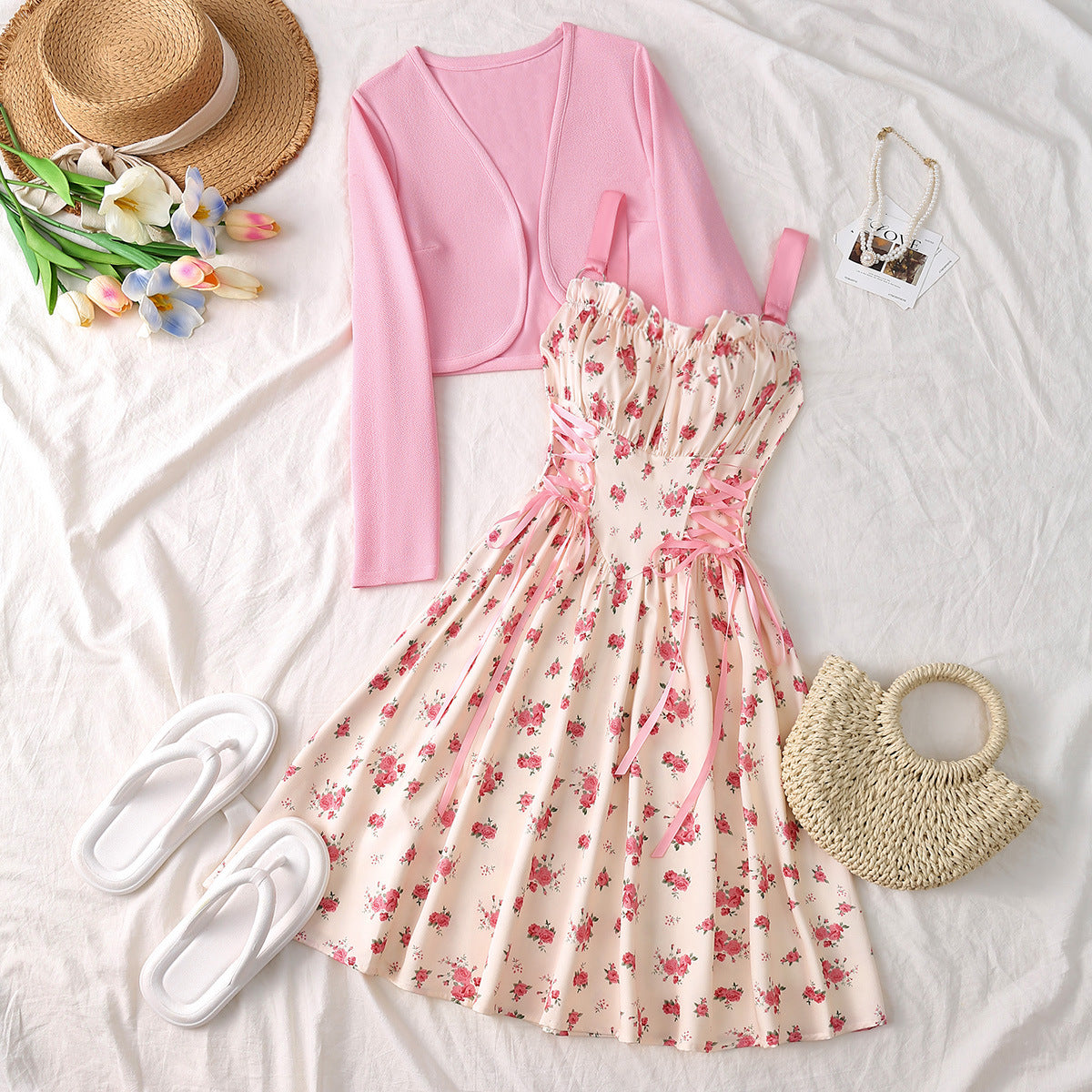 Women's Metal Ring Drawstring Elegant Printed Dress Two-piece Cardigans