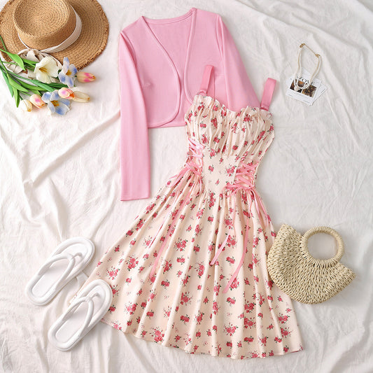 Women's Metal Ring Drawstring Elegant Printed Dress Two-piece Cardigans