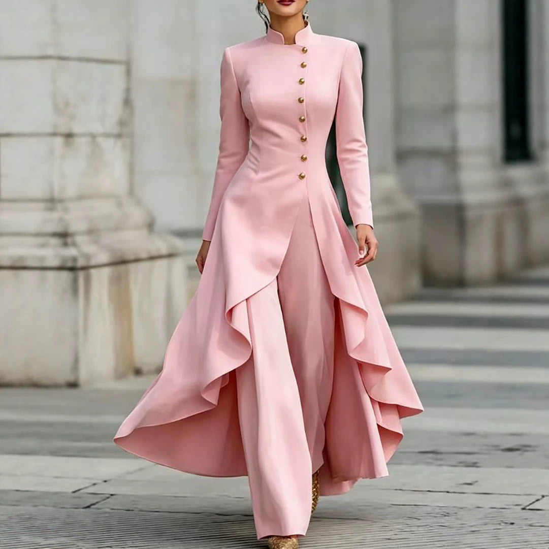 Style Turtleneck Fake Button Solid Color Elegant Fashion Casual Suit