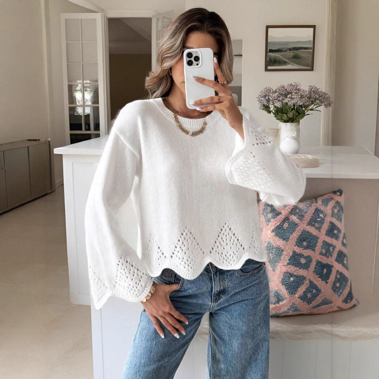 Women's Hollow Irregular Hem Round Neck Knitted Bottoming Shirt Sweater