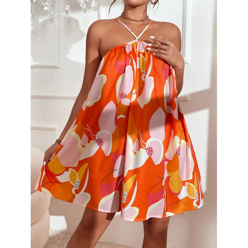 Printed Strap Beach Vacation Style Loose Dress