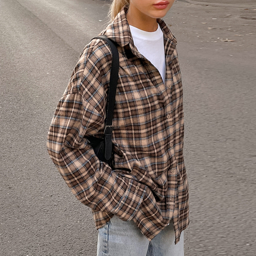 Women's Beauty Retro Plaid Shirt Long Design Blouses