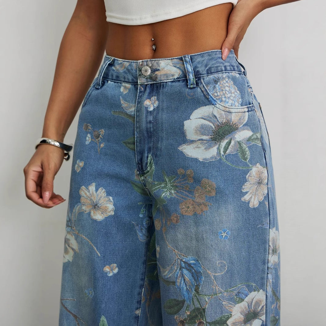 Street Fashion Loose Straight Printed Denim Jeans
