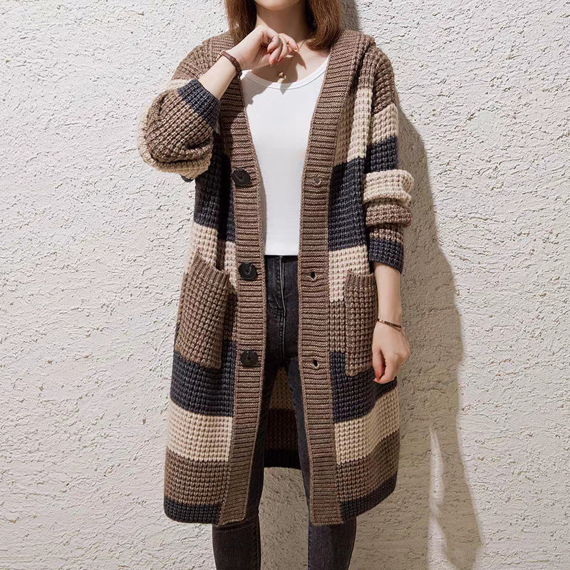 Women's Idle Style Loose Coarse Yarn Mid-length Hooded Thick Needle Knitted Women's Sweater